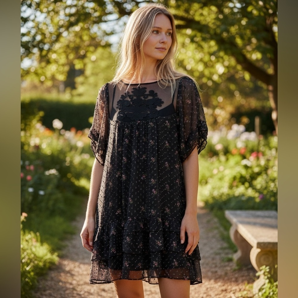 Elegant Black Floral Mini Dress - Size M
